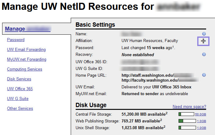 Screenshot of the Manage UW NetID Resources page displaying HR information