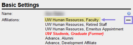 Screenshot example of the affiliations from HR found using the Manage UW NetID Resources tool