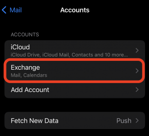 Screenshot displaying iOS Accounts Window, with Exchange account highlighted