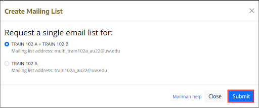 Create Mailing List, Request a single email list interface