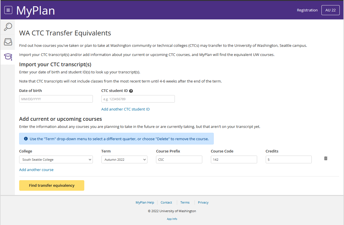 A screenshot of the transfer equivalency page with options to import CTC transcripts or add current and upcoming courses