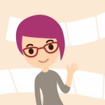 Illustration of young woman waving to viewers. She stands in front of a backdrop that looks like a game board.