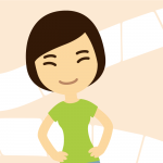 Illustration of young woman waving to viewers. She stands in front of a backdrop that looks like a game board.