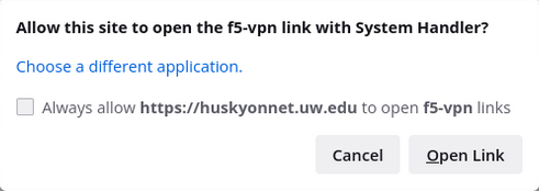 Firefox prompt to open a F5 VPN link with the F5 Helper Application