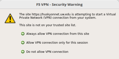 F5 Helper Application security warning shown when connecting to Husky OnNet