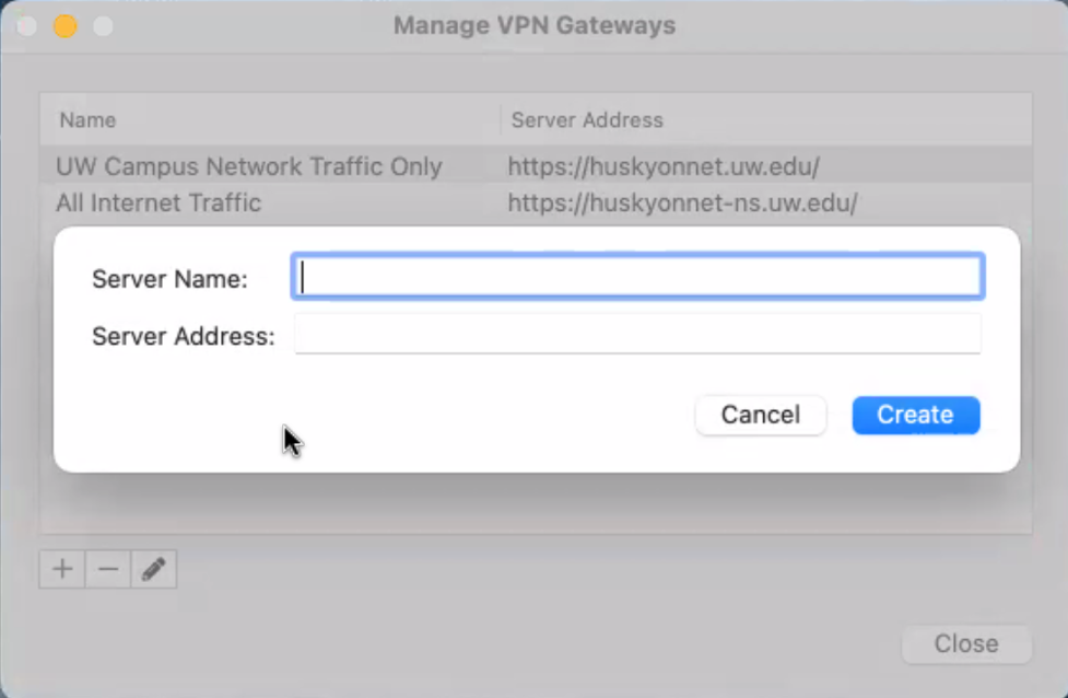 Pop-up for entering new server name and address in Manage VPN Gateways
