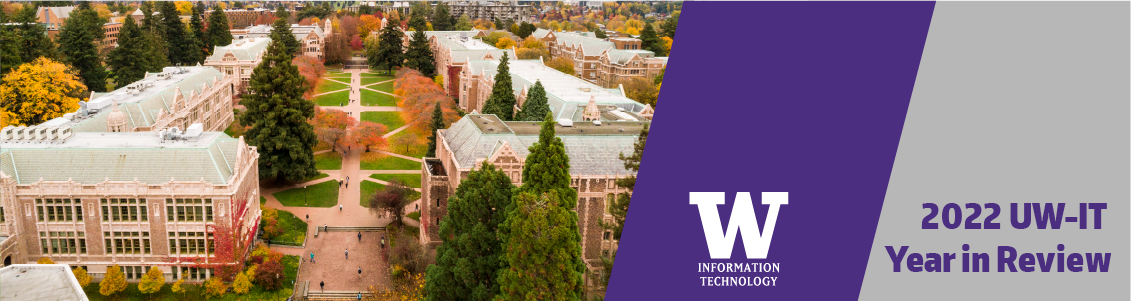 Aerial view of UW campus. W logo and the words information technology. The words 2022 UW-IT Year in Review.