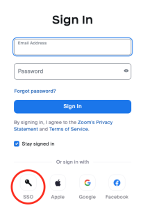 Zoom Sign In page. Click SSO to load the UW NetID login page and sign in to UW Zoom.