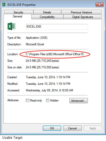 "EXCEL.EXE Properties" dialog box showing a usable target