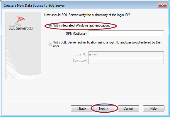 Choosing integrated Windows authentication for a new data source in MS Access