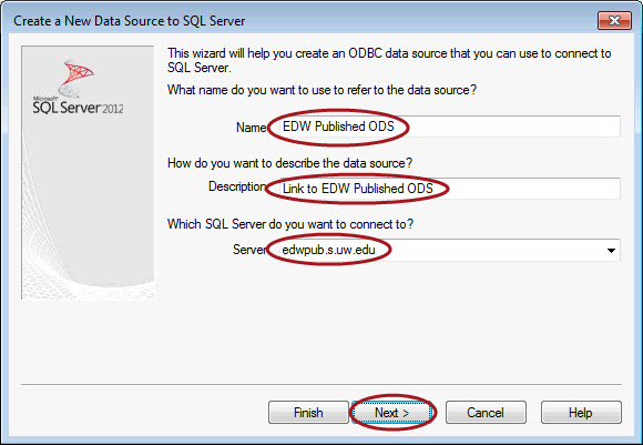 Setting the name and description for a new data source in MS Access