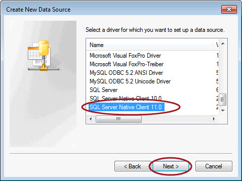 Creating a new data source in MS Access using the SQL Server Native Client driver