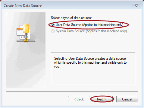 Choosing to create a new User Data Source in MS Access