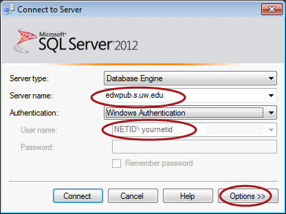 SSMS SQL Server 2012 "Connect to Server" main dialog box