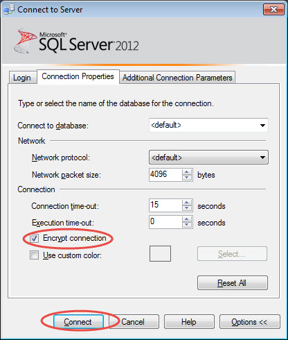 SSMS SQL Server 2012 "Connect to Server" dialog box with the properties tab open