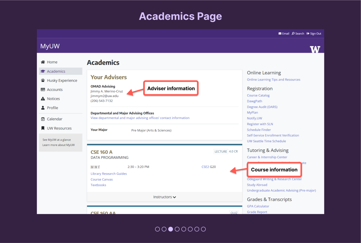 Academics page with adviser information and course information