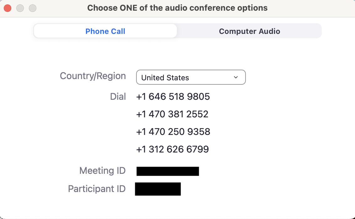 Zoom meeting interface with Phone Call option selected