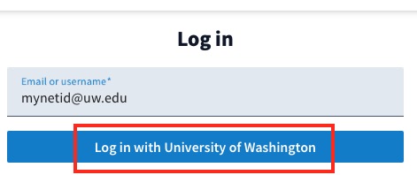 Step 2 of Poll Everywhere login page with the "Log in using University of Washington" button 