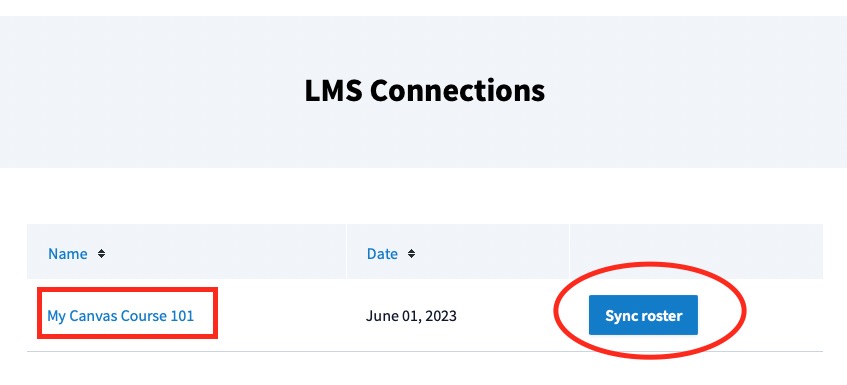 LMS Connections page in Poll Everywhere. Canvas Course title and "Sync roster" button are highlighted.