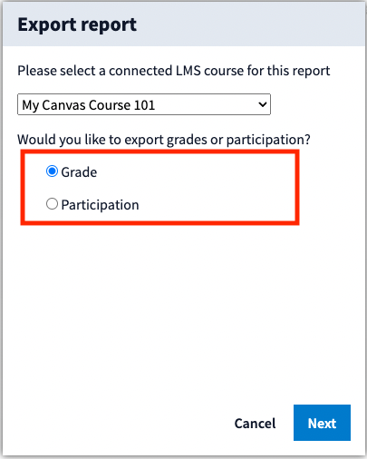 Window showing the menu to choose a Canvas course when exporting Poll Everywhere scores to Canvas. After choosing the course, the next options are to choose grade or participation.