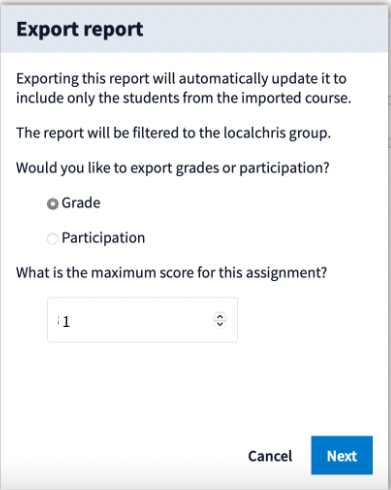 After choosing grades or participation in the export, the next option that appears is to enter a point value