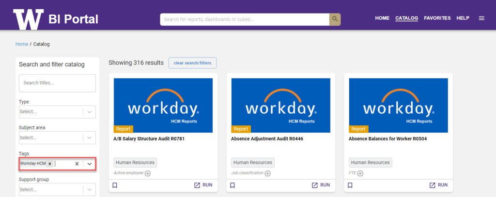 A screenshot of the catalog page in the BI Portal with "Workday HCM" entered into the Tags field.