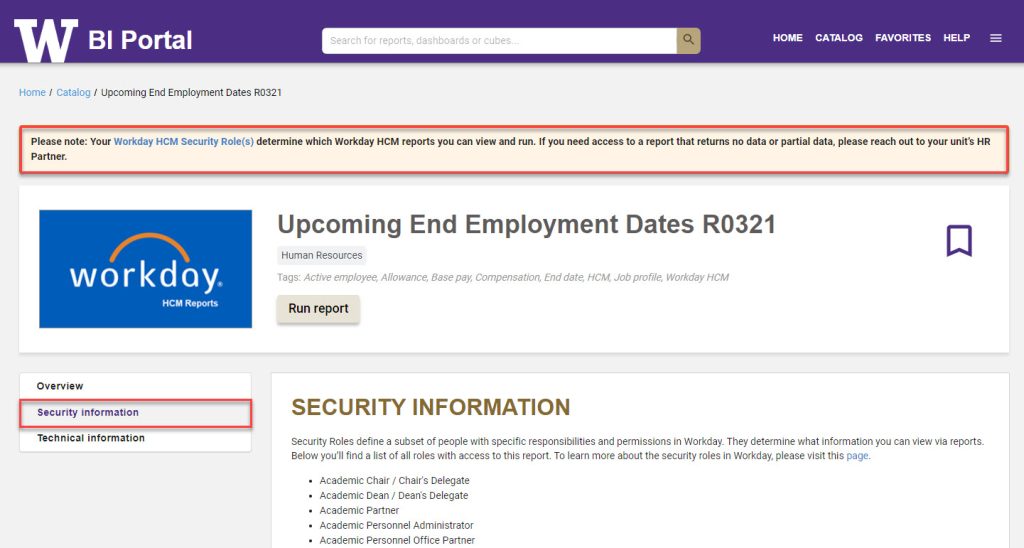 A screenshot of the "Upcoming End Employment Dates R0321" report, displaying the Security Information tab. 
