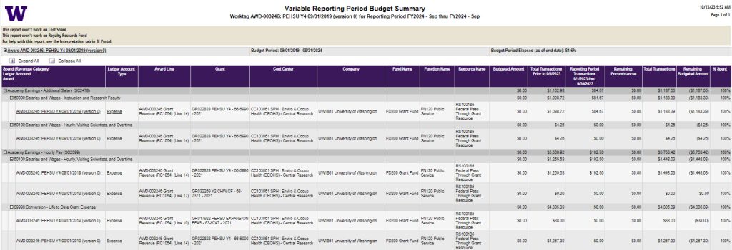 This image displays an example of the Variable Reporting Period Budget Summary report.