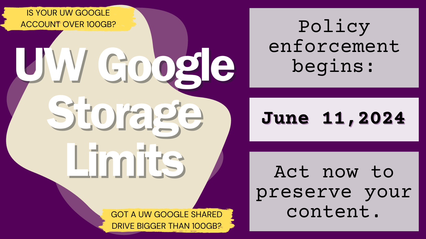 A purple and yellow graphic with text about UW Google Storage Limits and policy enforcement beginning June 11, 2024.