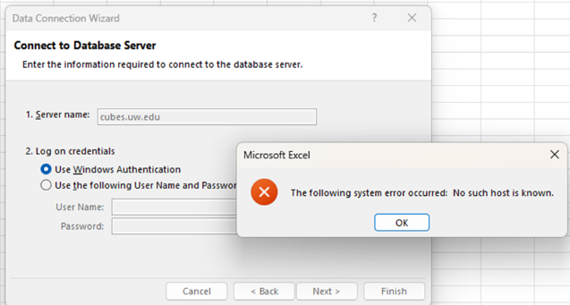 A screenshot of the following error message: "The following system error occurred: No such host is known."