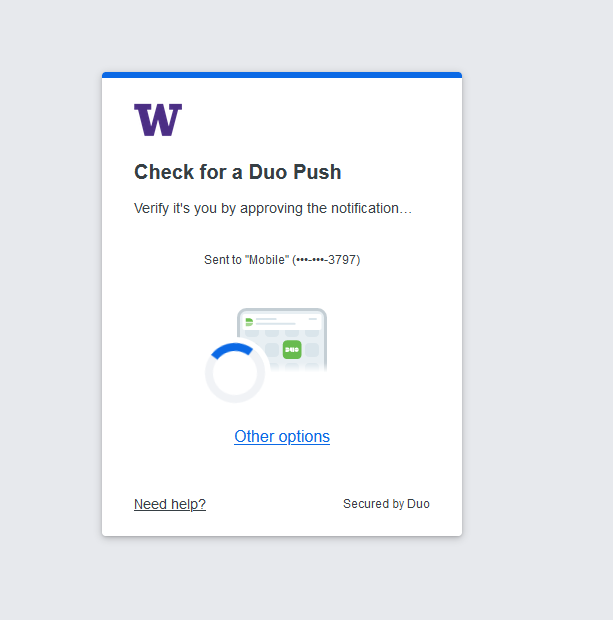 A screenshot of the new Duo prompt when selecting that Duo authenticate via a "push"