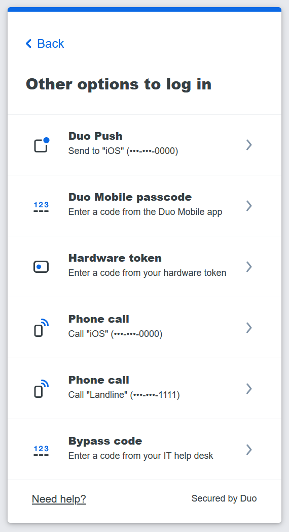 A screenshot of the new Duo UI for selecting a method of authentication showing hardware token