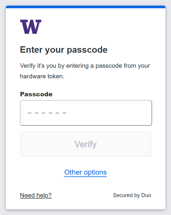 A screenshot of the new Duo prompt when selecting that Duo authenticate via hardware token
