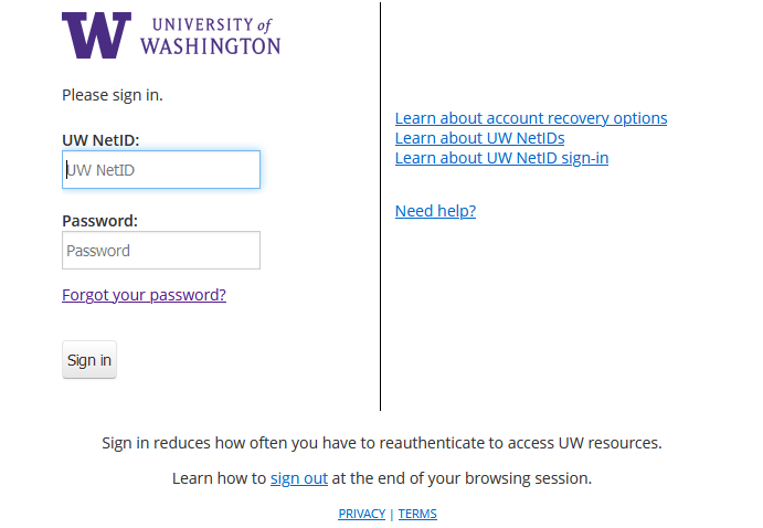 A screenshot of the login page for the UW idP, requesting UW NetID and Password. 