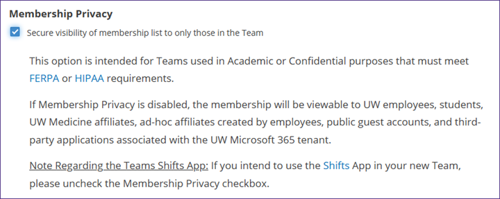 A screen capture of the Membership Privacy section taken from the Request a Microsoft team form.