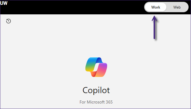Snippet of Copilot with a purple arrow pointing to the slider set to Work.