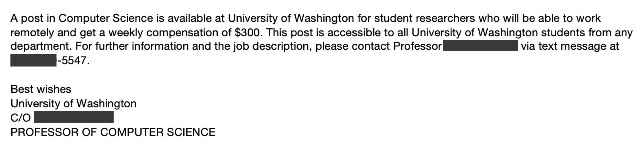 A scam email that claims to advertise a position for a student researcher in the CSE department.