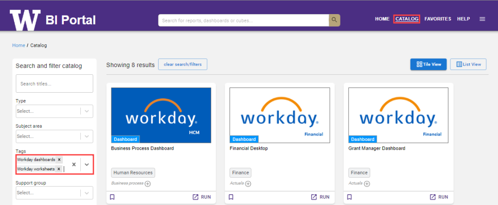 A screenshot of the BI Portal, with the Catalog link highlighted and the "Workday dashboards" and "Workday worksheets" tags selected.