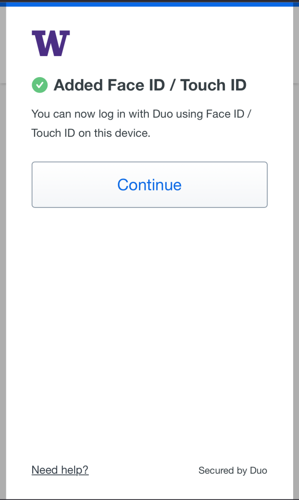 A screenshot of the new Duo device management page on the third step of adding a platform authenticator on an apple device