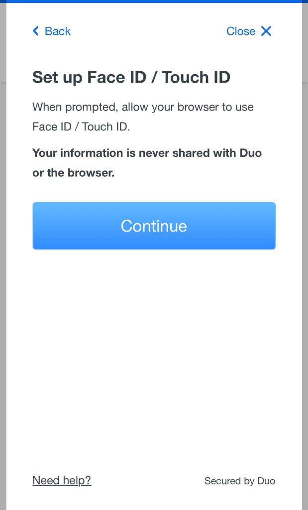 A screenshot of the new Duo device management page on the first step of adding a platform authenticator on an apple device