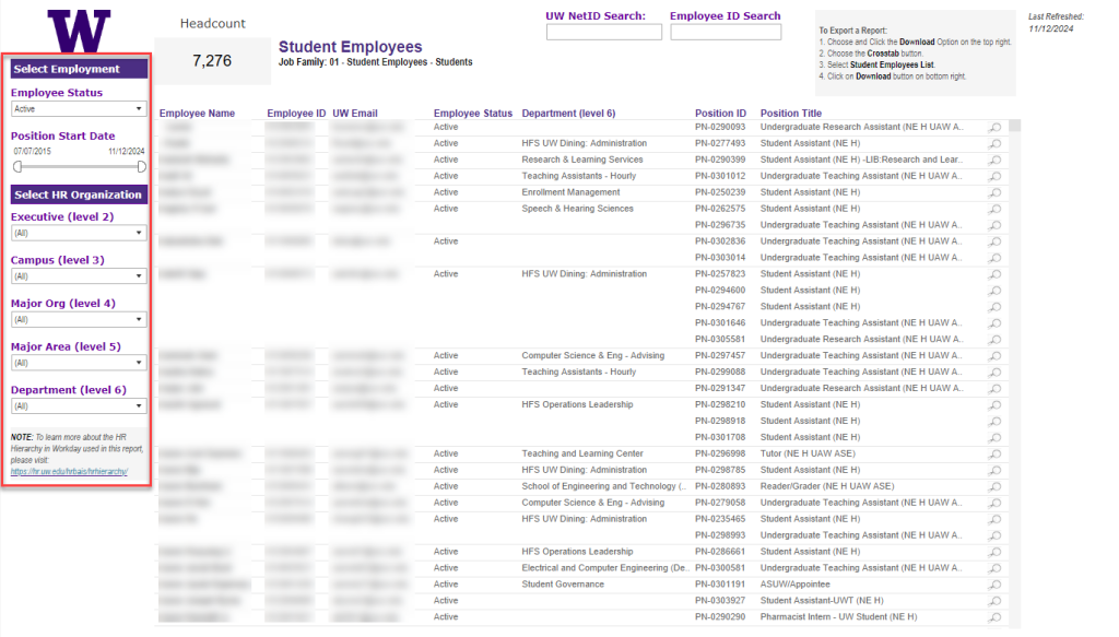 A screenshot of the Student Employees dashboard, which highlights the filters pane on the left side of the screen.