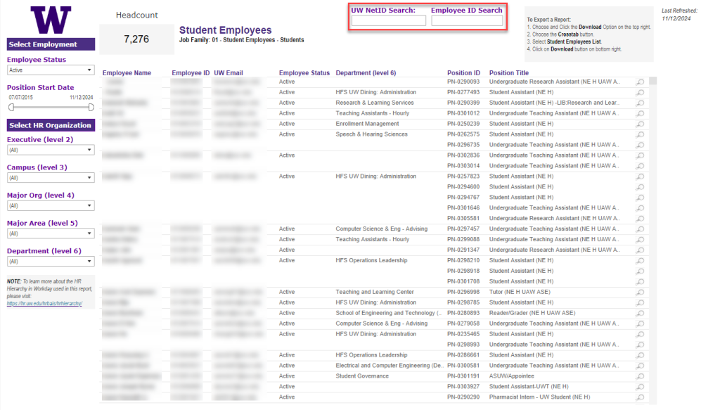 A screenshot of the Student Employees dashboard, which highlights the search fields on the top of the screen.