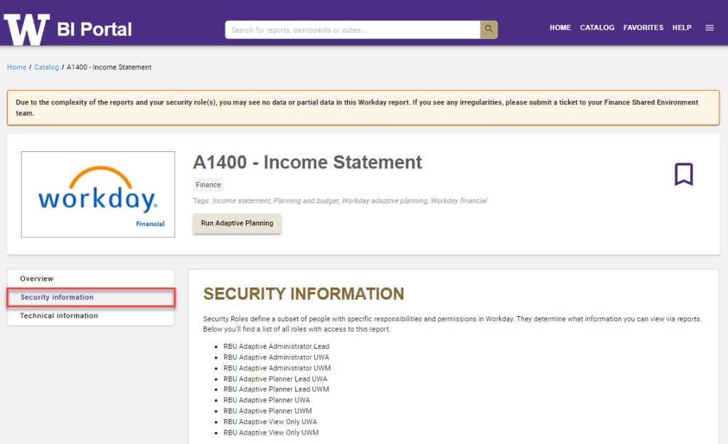 A screenshot of a Workday Adaptive report entry in the BI Portal. There is a red box around the "Security Information" tab.