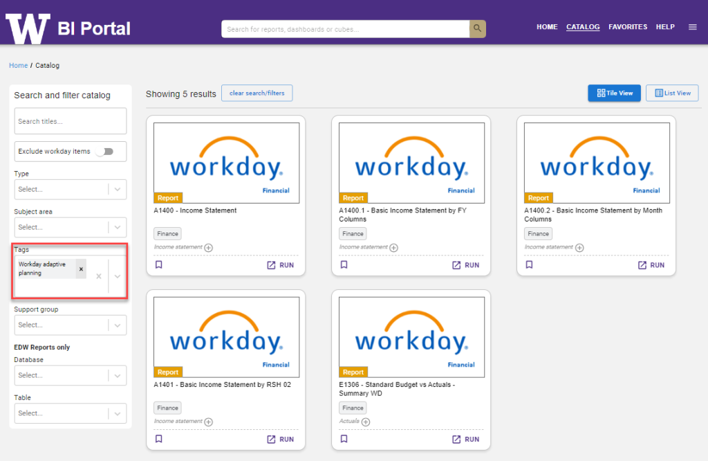 A screenshot of the BI Portal catalog page. There is a red box around the "Tags" filter box, with the "Workday Adaptive Planning" tag selected. 